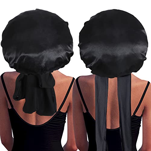 Aosmeol 2 Stück Satin Schlafhaube,Große Satin Bonnet,Satin Schlafmütze verstellbare Schlafhaube mit Bindeband für Damen Frauen, gelockt,langes Haar (Schwarz+Schwarz) von Aosmeol