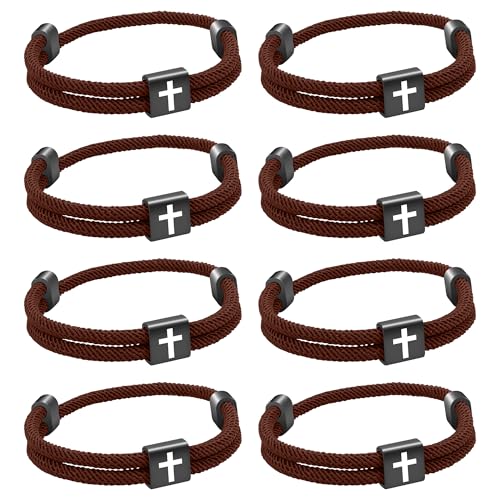 8 Stück christliches Jesus Kreuzarmband aus geflochtener Kordel für Männer und Frauen, maritimes Surf-Strandarmband-Geschenkset für Sportler, handgefertigtes gewebtes Armband mit verstellbarem Braun von Aospkle