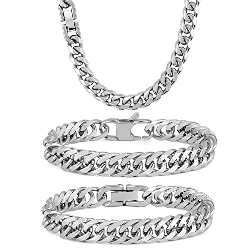 Aospkle 3 Stücke Armband Halskette Set,Herren Armband Silber Edelstahl Panzerketten Kubanische Gliederkette, Robuste 316L Edelstahl Cuban Link Kette Für Männer Schmuck Set,19 cm Aospkle 3 Stücke Armband Halskette Set,Herren Armband Silber Edelstahl Panzerketten Kubanische Gliederkette, Robuste 316L Edelstahl Cuban Link Kette Für Männer Schmuck Set,19 cm von Aospkle