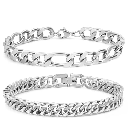 Aospkle Männerschmuck Edelstahl Kette Geschenk für Männer, 2PCS kubanischer Link Figaro Armband, Silber Robuste 316L Edelstahl kubanische Link Kette für Männer Schmuck Set, 23 cm von Aospkle