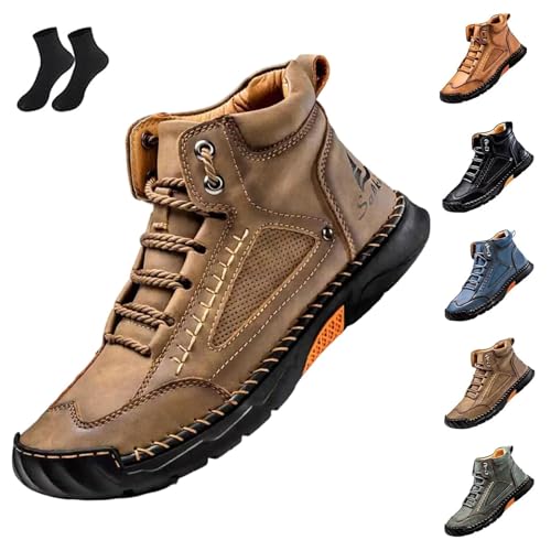 Aosrioylt Cryonessa Lederstiefel Sawbehind Herrenschuhe Bequeme Handgefertigte Lederschuhe Wasserdicht Fußgewölbeunterstützung(Khaki,8) von Aosrioylt