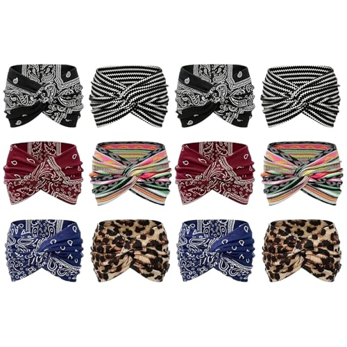 Aurali Acssart Bedrucktes Yoga-Stirnband Mit Kreuzmuster, Breite Boho-Stirnbänder for Damen, Gedrehtes Haarband Im Boho-Stil Und Mit Paisley-Print, Rutschfestes Haar-Accessoire(12pcs) von Aosrioylt