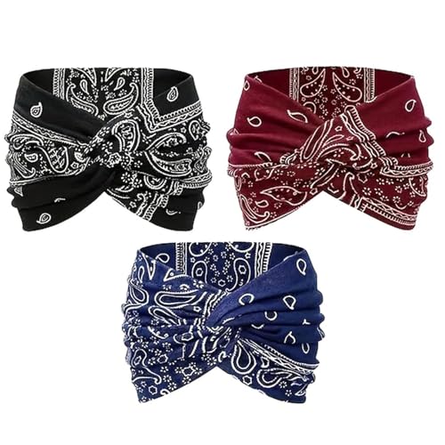 Aurali Acssart Bedrucktes Yoga-Stirnband Mit Kreuzmuster, Breite Boho-Stirnbänder for Damen, Gedrehtes Haarband Im Boho-Stil Und Mit Paisley-Print, Rutschfestes Haar-Accessoire(3pcs(a)) von Aosrioylt