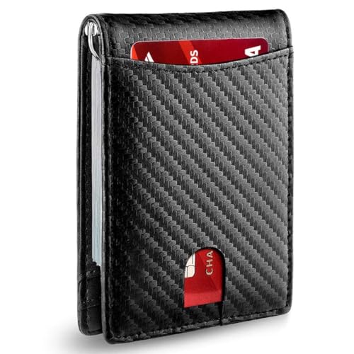 Men's Slim Wallet With RFID Blocking, Leather Money Clip Mens Wallet - RFID Blocking Front Pocket Bifold Wallets - Thin Credit Card Holder, Minimalist Leather Wallets Front Pocket with ID Window(Carbo von Aosrioylt