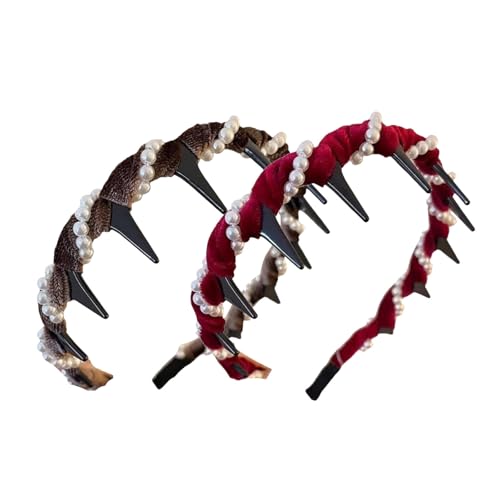 Vintage High Cranium Kunstperlen-Haarband, 2025 Neue Elegante Rutschfeste Perlen-Stirnbänder, Glitzernde Haarbänder Mit Zahnreifen, Braut-Haarreifen, Party-Hochzeits-Haarschmuck(Brown+red) von Aosrioylt