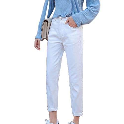 Aosufei Damen Jeans mit hoher Taille und geradem Bein mit Rollverschluss Lose Harems Jogger Crop Denim Hose Stretch Boyfriend Dad Jeggings (25,Weiß) von Aosufei