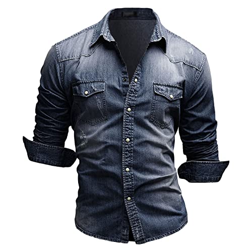 Aosufei Herren Zerrissen Eng Passform Spreizkragen Cowboy Hemd Ripstop Snap Langarm Jeanshemd Dienstprogramm Denim Hemd mit 2 Brusttaschen (Dunkelblau,EU Größe L Asia 2XL) von Aosufei