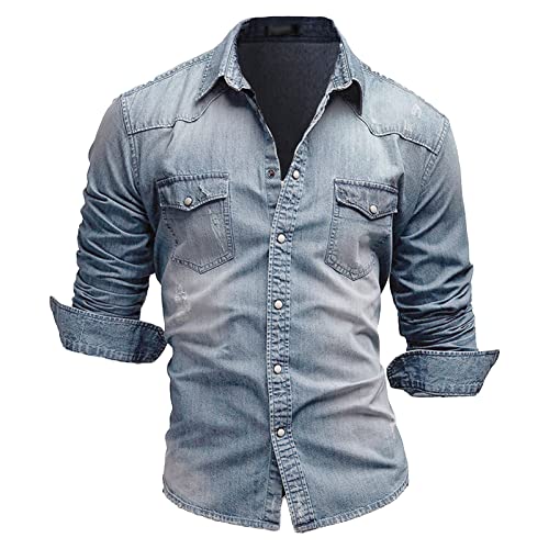 Aosufei Herren Zerrissen Eng Passform Spreizkragen Cowboy Hemd Ripstop Snap Langarm Jeanshemd Dienstprogramm Denim Hemd mit 2 Brusttaschen (Hellblau,EU Größe L Asia 2XL) von Aosufei