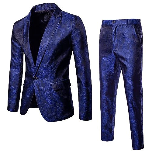 Aosufei Stilvoller Jacquard Floral 2 Stück Nachtclub Frack für Männer Slim Fit Barock Smoking Paisley Jacke Hose Anzug (Dunkelblau,EU Größe 2XL Asia 3XL) von Aosufei