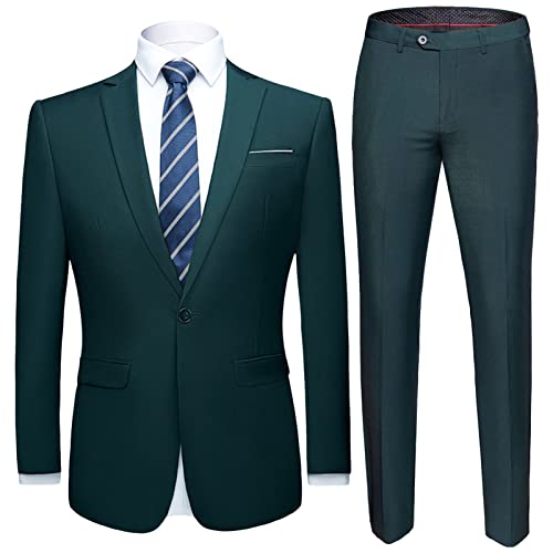 Herren 2 Stück 1 Knopf Formale Hochzeitskleidung Slim Fit Kerbe Revers Bräutigam Anzug Hübsches Blazer Kleid Hosen Set (Dunkelgrün,EU Größe 4XL Asia 5XL) von Aosufei