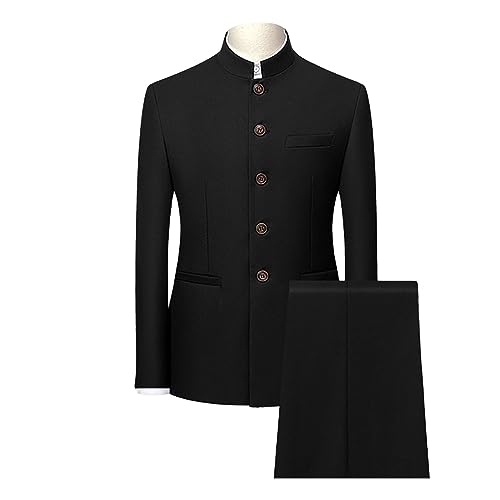 Traditioneller 2-teiliger Chinesischer Tunika Anzug für Männer Slim Fit Stehkragen Cosplay Blazer Anzug Charmantes Smoking Hosen Set (EU Größe 2XL Asia 3XL,Schwarz) von Aosufei