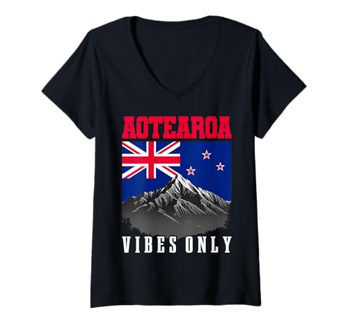 Damen Aotearoa Vibes Only Neuseeland-Flagge, Berg T-Shirt mit V-Ausschnitt von Aotearoa New Zealand Flag Mountain Vibes