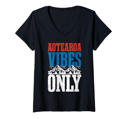 Damen Aotearoa Vibes Only Neuseeland Mountains Travel T-Shirt mit V-Ausschnitt von Aotearoa Vibes Only New Zealand Mountains