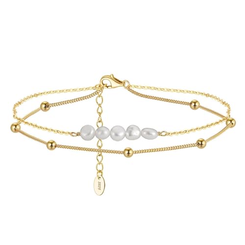 Anklet Gold, Fusskettchen Silber 925 2 Lagige Kette mit Perle und Perle Fußkette Damen Geschenk für Frauen von Aotiwe