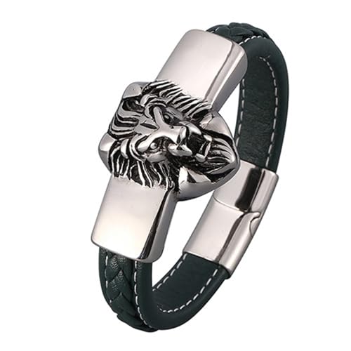 Aotiwe Armbänder Herren, Armreif Silber Set Löwenkopf Lederarmreif Grün Männer Armband Pu Leder 18.5cm von Aotiwe