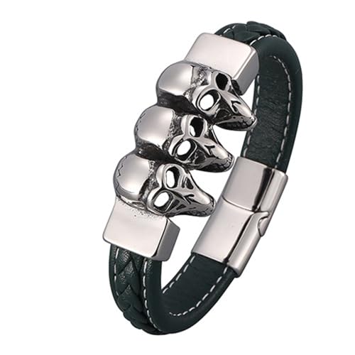 Aotiwe Armbänder Männer, Brautvater Armband Lederarmreif mit 3 Totenköpfen und Magnetischer Schnalle Silber Grün Matching Bracelets Pu Leder 18.5cm von Aotiwe