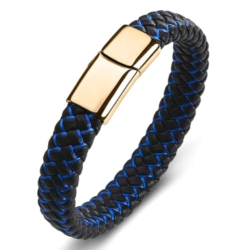 Aotiwe Armbänder für Herren Leder, Armband Herren Geflochten Zweifarbiges Gewebe Gold Blau Armband für Männer 20cm von Aotiwe