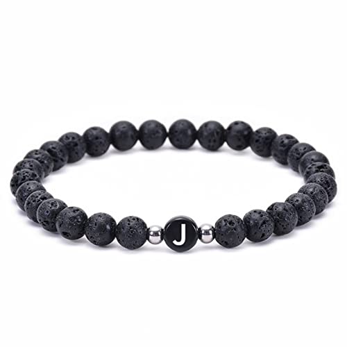 Aotiwe Armbänder für Herren Perlen, Freundschaftsarmband Erwachsene Elastische Perlen mit Buchstabe J Schwarz Kristall 17cm mit Rundschliff Lavagestein von Aotiwe
