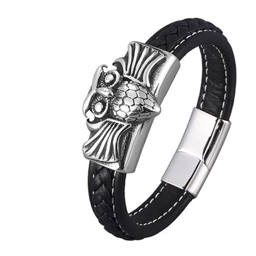 Aotiwe Armband Freundschaft, Dünnes Armband Herren Lederarmreif mit Eulen Magnetschnalle Silber Schwarz Armbänder Männer Pu Leder 16.5cm von Aotiwe