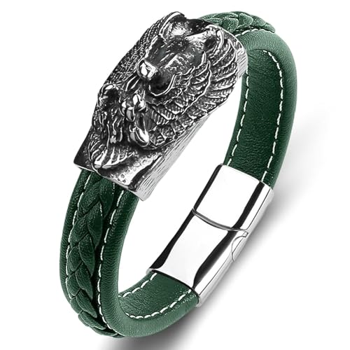 Aotiwe Armband Herren, Armreif Vintage Drachenkopf Grün Dünnes Armband Herren Pu Leder 20cm von Aotiwe