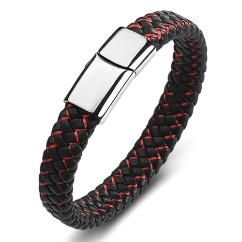 Aotiwe Armband Herren Leder, Herren Armband Breit Zweifarbiges Gewebe Silber Rot Armband Herren Geflochten 18.5cm von Aotiwe