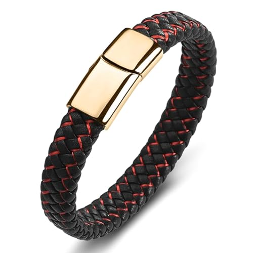 Aotiwe Armband Herren Leder Breit, Man Bracelet Zweifarbiges Gewebe Gold Rot Männer Armband Geflochten 18.5cm von Aotiwe