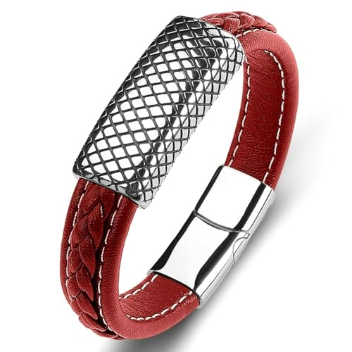 Aotiwe Armband Herren Lederband, Männer Armband Set Diamant Punk Stil Silber Rot Männer Armband 20cm von Aotiwe