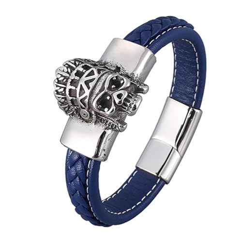 Aotiwe Armband Leder, Männer Armband Set Lederarmreif mit Totenkopf Magnetschnalle Silber Blau Herren Armband Outdoor 18.5cm von Aotiwe