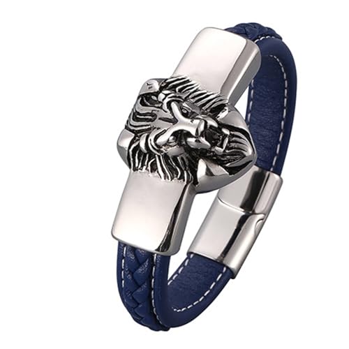 Aotiwe Armband Männer, Armbänder für Herren Silber Löwenkopf Lederarmreif Blau Armbänder für Herren Pu Leder 20.5cm von Aotiwe
