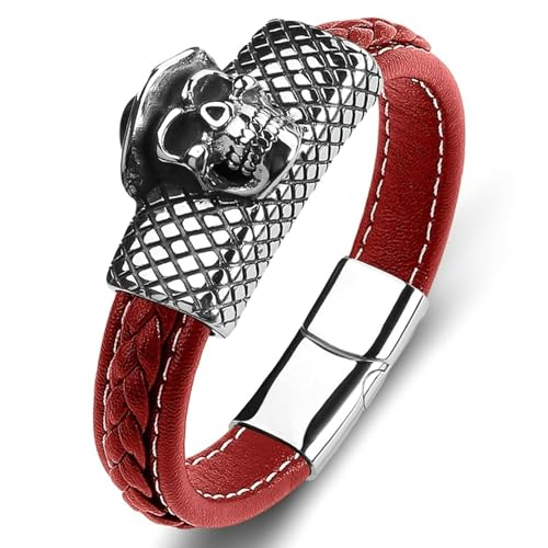 Aotiwe Armband Männer Outdoor, Rote Armband Schädel Herren Armband Breit Pu Leder 20cm Geschenk Beste Freundin von Aotiwe