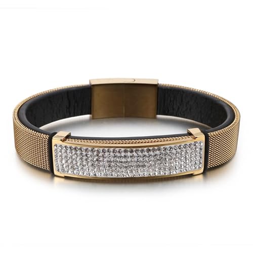 Aotiwe Armband Mann Dünn, Armband Mann Gold Rundes Armband aus Zirkonia Mesh Weißer Zirkon Armband Freundschaft Pu Leder 20.5cm von Aotiwe