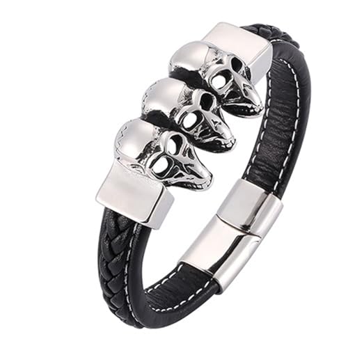 Aotiwe Armband Set, Süße Armbänder Lederarmreif mit 3 Totenköpfen und Magnetischer Schnalle Silber Schwarz Bracelet Set Pu Leder 18.5cm von Aotiwe