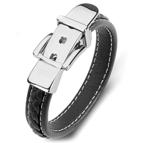 Aotiwe Armband Set Erwachsene, Armband Männer Leder Silber Schwarz Gürtelschnalle aus Stahl 16.5cm von Aotiwe