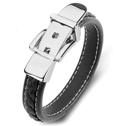 Aotiwe Armband für Männer, Männer Armband Dünn Gürtelschnalle Silber Schwarz Armreif Männer Pu Leder 16.5cm von Aotiwe