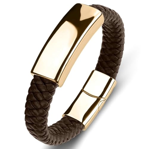 Aotiwe Armreif Herren Set, Lederarmband Herren Einfach Gold Braun Glänzend Rechteckig aus Stahl 20cm von Aotiwe