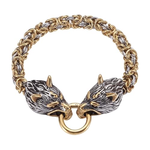 Aotiwe Armreif Männer, Herren Armband Breit Wikinger Wolfskopfring Silber Gold Geflochtenes Armband für Männer Pu Leder von Aotiwe