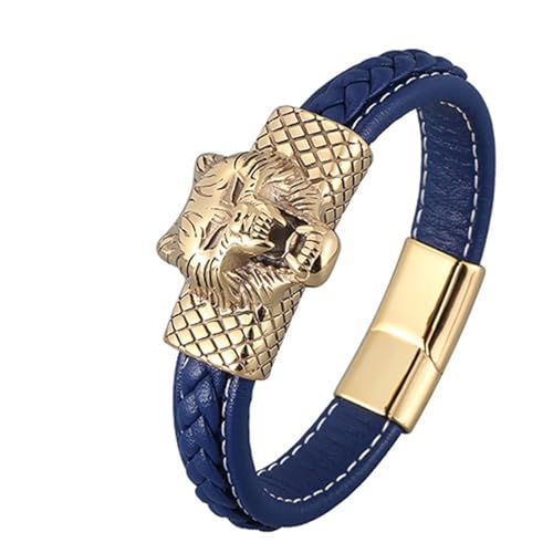 Aotiwe Bracelet Men, Armbänder Gold Set Wolfskopf Lederarmreif Blau Armbänder für Herren Pu Leder 20.5cm von Aotiwe