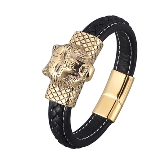 Aotiwe Bracelet Men, Armband Gold Set Wolfskopf Lederarmreif Schwarz Man Bracelet Pu Leder 18.5cm von Aotiwe