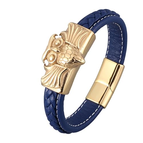 Aotiwe Bracelet Men, Dünnes Armband Herren Eulen Lederarmreif Gold Blau Armband für Herren Pu Leder 18.5cm von Aotiwe