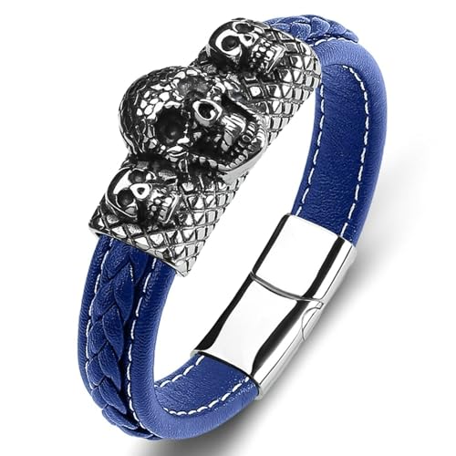 Aotiwe Bracelet Men, Männer Armband Geflochten Schädel Blau Zartes Armband Pu Leder 18.5cm von Aotiwe