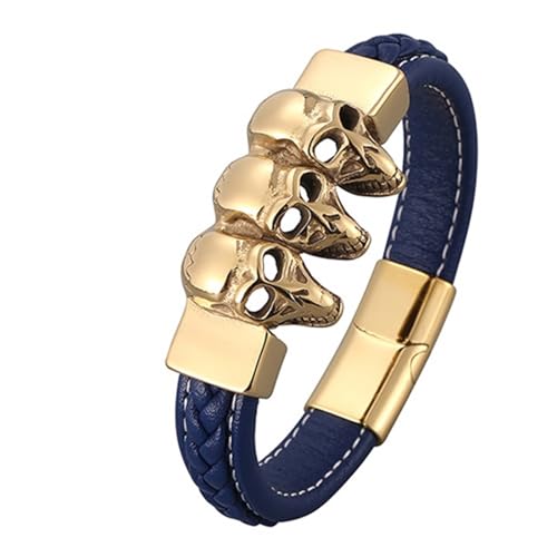 Aotiwe Bracelet Set, Armreif Gold 3 Totenkopf Lederarmbänder Blau Armbänder für Herren Pu Leder 18.5cm von Aotiwe