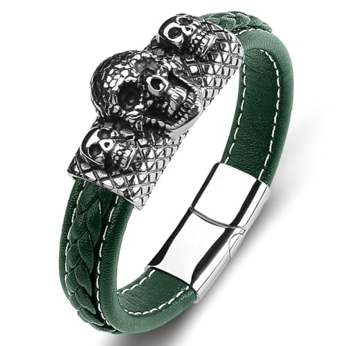 Aotiwe Bracelet Set, Men Bracelet Schädel Grün Geflochtenes Armband für Männer Pu Leder 16.5cm von Aotiwe