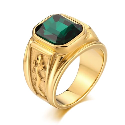 Aotiwe D Ringe Gold, Ring Herren Edelstahl Breit Rechteckiger Drache Ringe Herren Retro mit Grün Quadratschliff Zirkonia Größe 65 (20.7) von Aotiwe