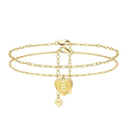 Aotiwe Fußkette Gold, Fußkette Boho Damen 2 Lagige Kette mit Buchstabe E Fußkette Choker 925 Silber von Aotiwe