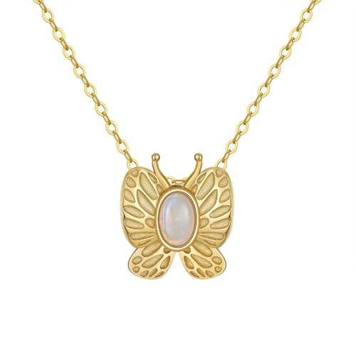 Aotiwe Halskette Damen Gold Boho, Collier 925 Silber Schmetterling Necklace Chain mit Weiß Ovalschliff Opal von Aotiwe