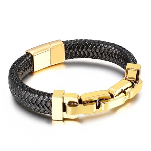 Aotiwe Herren Armband, Armband Herren Geflochten mit Dickem Kettenmuster Gold Matching Bracelets Pu Leder 21cm von Aotiwe