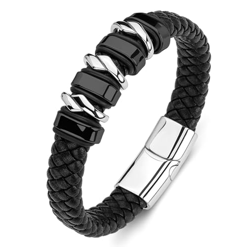 Aotiwe Herren Lederarmband Schwarz, Männer Armband Geflochten Geometrischer Typ Männer Armband Set 20cm von Aotiwe