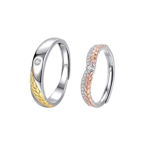 Aotiwe Herren Ringe 925 Silber Set, Ringe Herren für Dünne Finger Silber Gold Weizenährenmuster mit Rundschliff Zirkonia Verstellbar von Aotiwe
