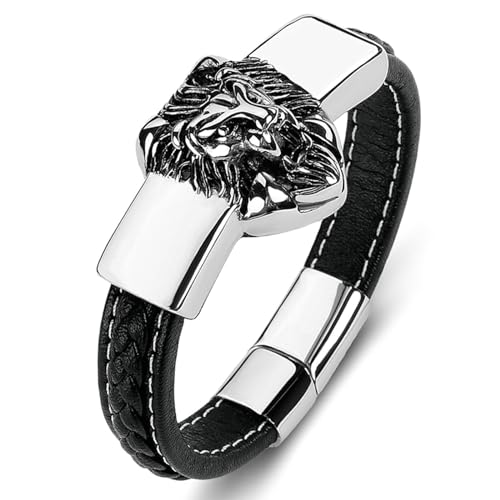 Aotiwe Herrenarmbänder, Armband Schwarz Löwenkopf Herren Armband Kette Pu Leder 18.5cm Vater Geschenk von Aotiwe