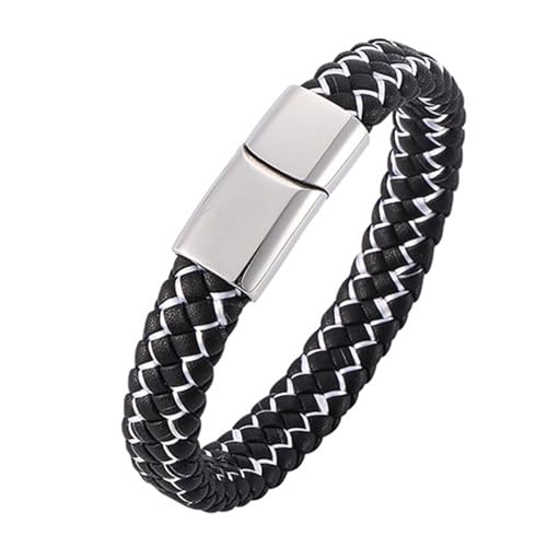 Aotiwe Herrenarmbänder, Brautvater Armband Einfaches Armband aus Geflochtenem Leder mit Magnetschnalle Silber Schwarz Weiß Armreif Männer Pu Leder 17.5cm von Aotiwe